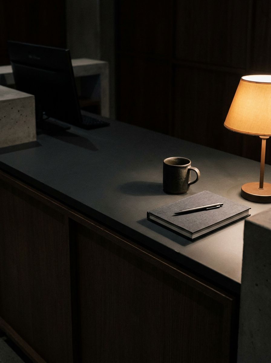Detalhe do balcão de recepção de uma clínica à noite, iluminado por luz âmbar